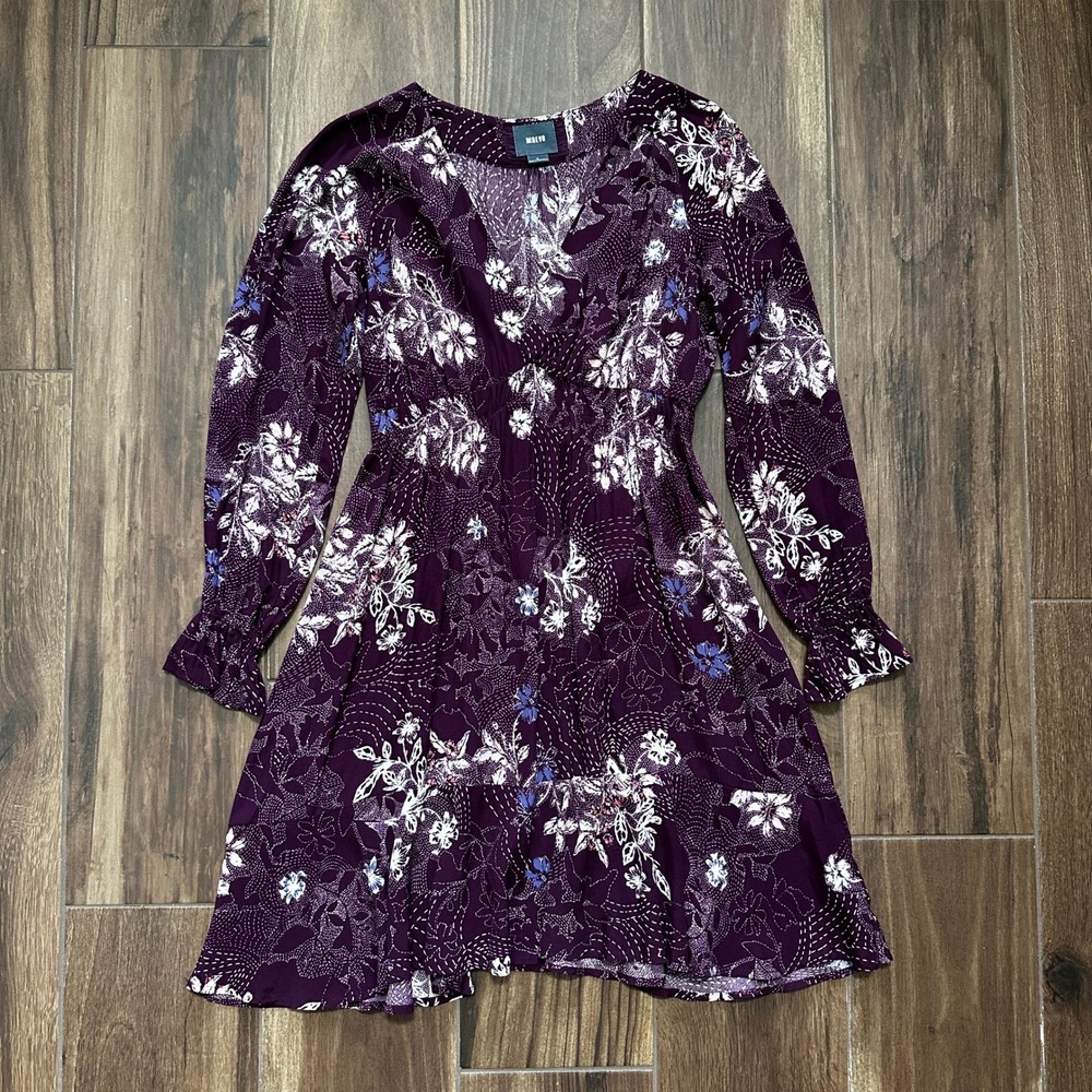 Maeve Anthropologie Purple Floral Long Sleeve Mini Dress V-Neck OB559539 M